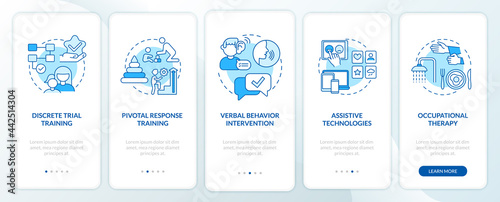 ASD treatment methods onboarding mobile app page screen. Discrete trial training walkthrough 5 steps graphic instructions with concepts. UI, UX, GUI vector template with linear color illustrations