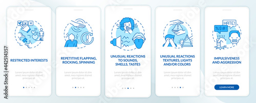 ASD symptoms onboarding mobile app page screen. Restrictive interests, impulsiveness walkthrough 5 steps graphic instructions with concepts. UI, UX, GUI vector template with linear color illustrations