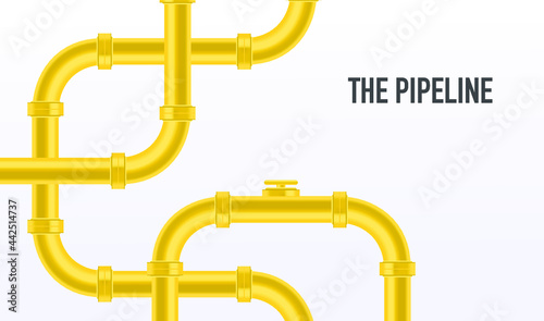 Web banner template. Industrial background with yellow pipeline. Oil, water or gas pipeline with fittings and valves. Vector illustration in a flat style.