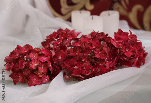 White candles and hydrangea