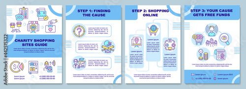 Charity shopping sites guide brochure template. Collecting cause. Flyer, booklet, leaflet print, cover design with linear icons. Vector layouts for presentation, annual reports, advertisement pages