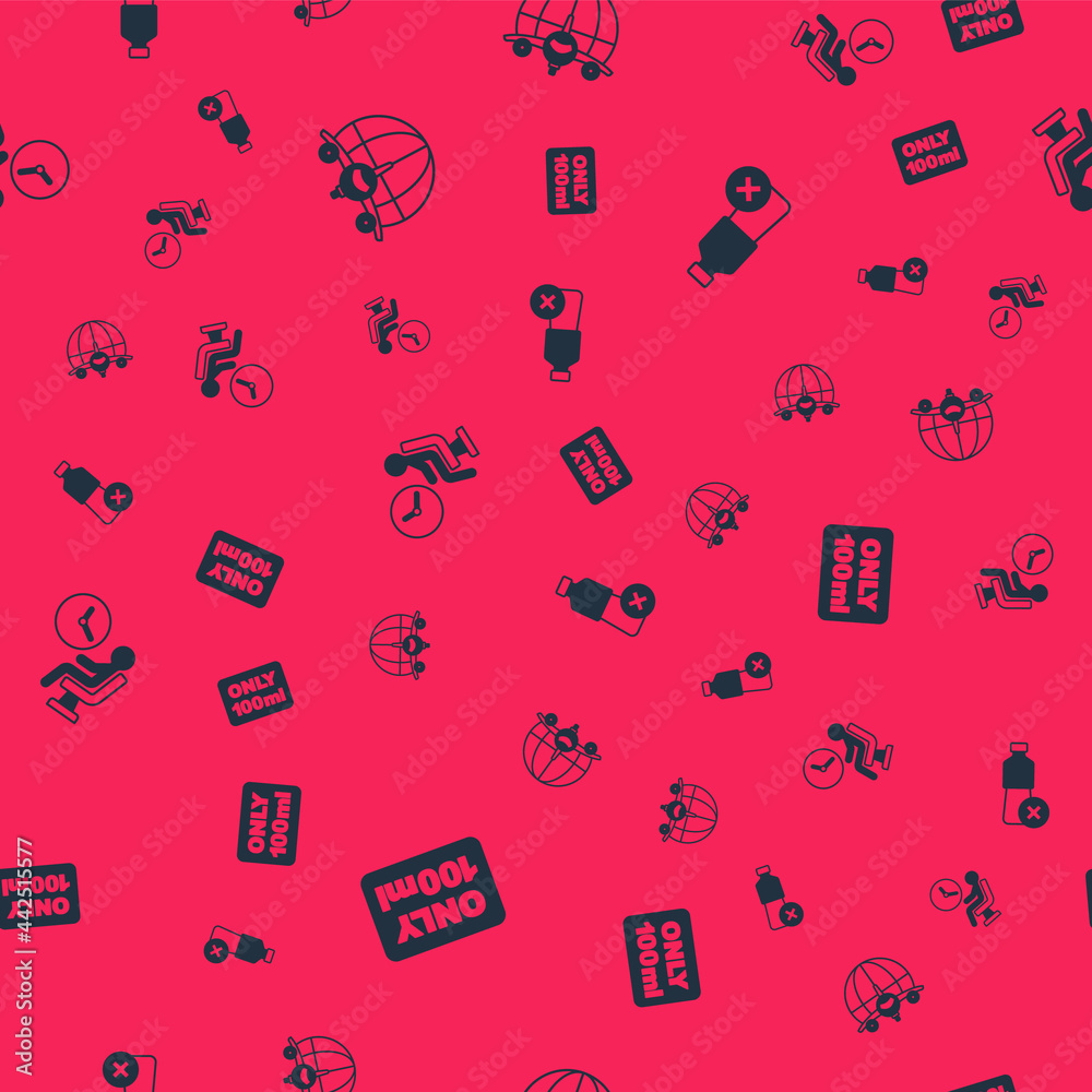 Set Liquids in carry-on baggage, Globe with flying plane, Human waiting airport terminal and No water bottle on seamless pattern. Vector Set Liquids in carry-on baggage, Globe with flying plane, Human waiting airport terminal and No water bottle on seamless pattern. Vector
