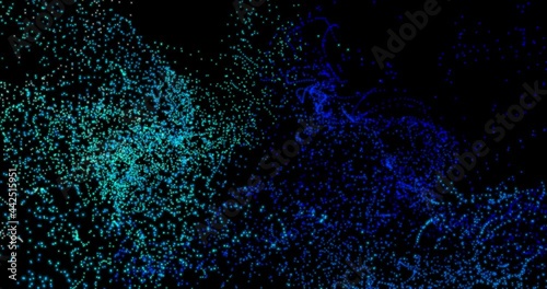 Abstract particles flying. Bokeh effect. Multicolored particles fly on a black background. Horizontal composition, 4k video quality