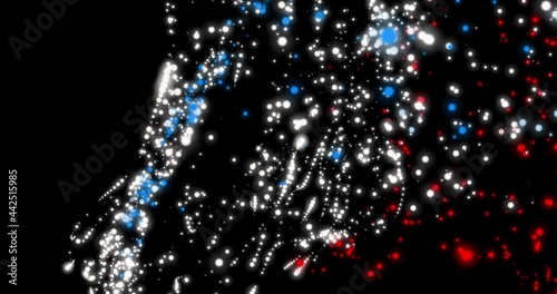 Abstract particles flying. Bokeh effect. Multicolored particles fly on a black background. Horizontal composition, 4k video quality