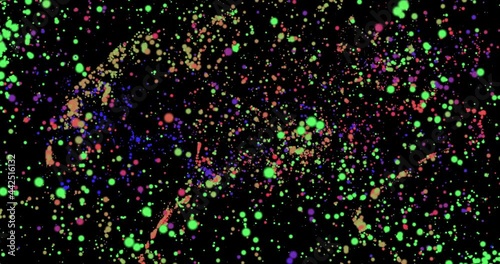 Abstract particles flying. Bokeh effect. Multicolored particles fly on a black background. Horizontal composition, 4k video quality