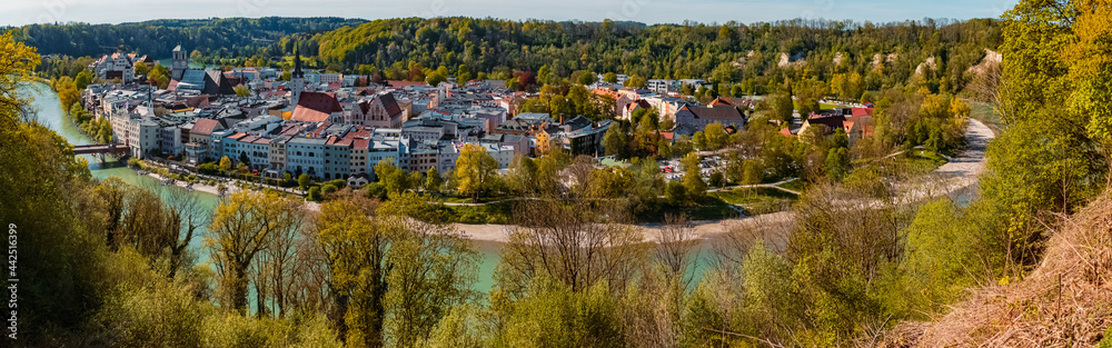 High resolution stitched panorama of a beautiful spring view on a sunny day at Wasserburg, Inn, Bavaria, Germany