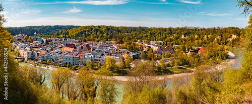 High resolution stitched panorama of a beautiful spring view on a sunny day at Wasserburg, Inn, Bavaria, Germany