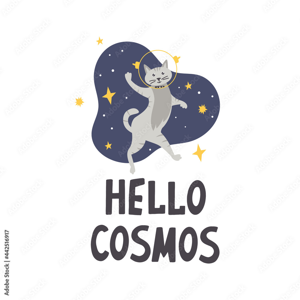 Cute cat astronaut in space flat vector illustration with typography hello cosmos Cute cat astronaut in space flat vector illustration with typography hello cosmos