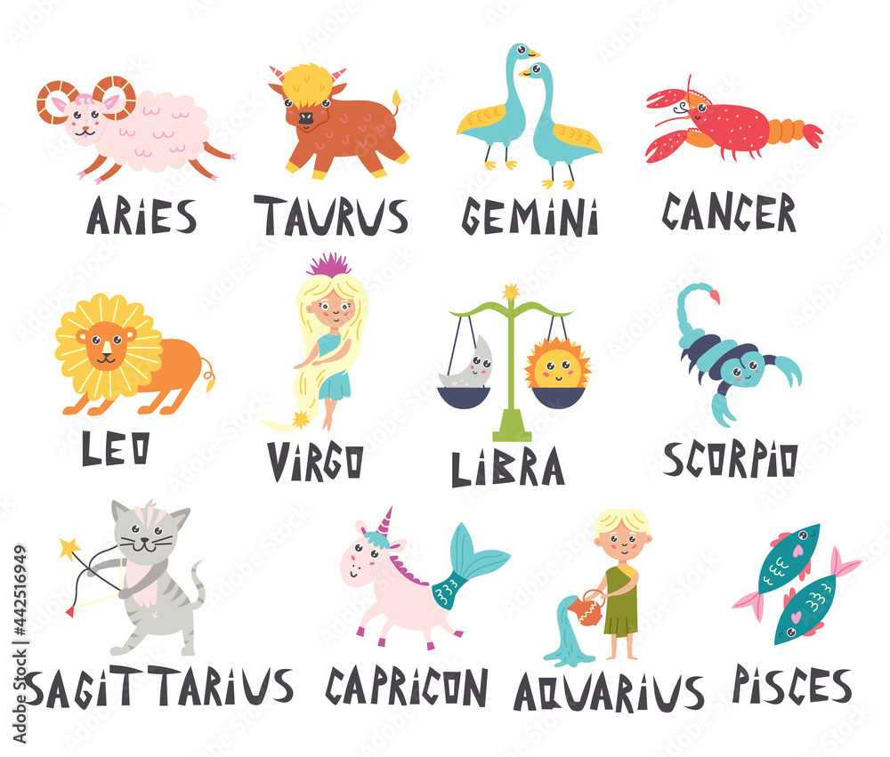 Cute characters of the zodiac signs Pisces, Scorpio, Sagittarius, Aries, Capricorn, Taurus, Cancer, Virgo, Gemini, Leo, Aquarius, Libra