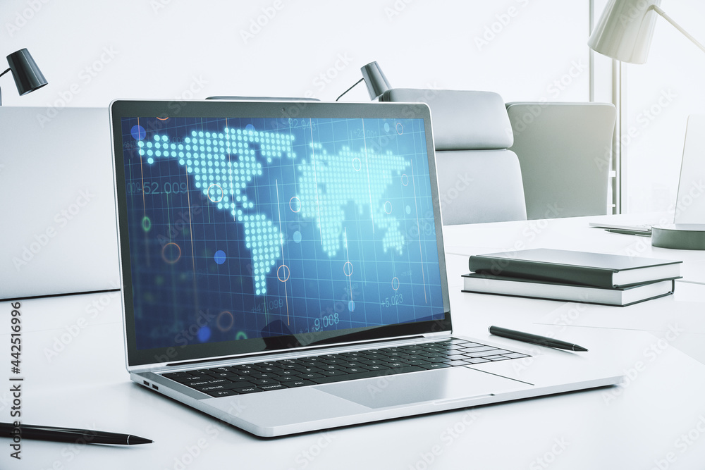 Fototapeta premium Modern computer screen with abstract creative digital world map, research and analytics concept. 3D Rendering