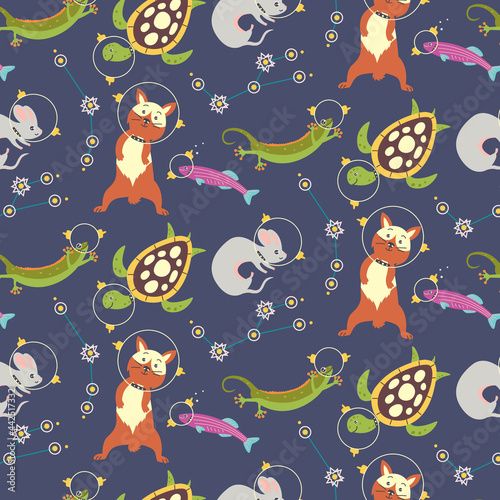 Seamless pattern with animals astronauts rat turtle lizard fish. Digital paper cosmos space for nursery baby wallpaper, textile