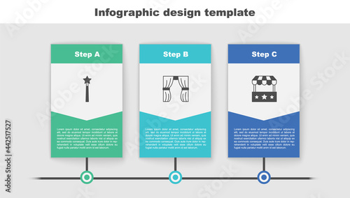 Set Magic wand, Circus curtain raises and Ticket box office. Business infographic template. Vector