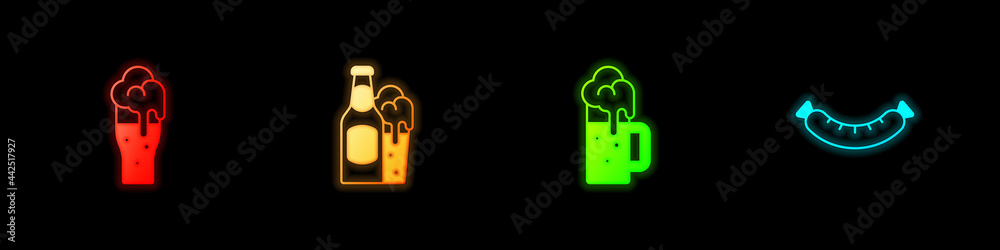 Set Glass of beer, Beer bottle and glass, Wooden mug and Sausage icon. Vector