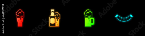 Set Glass of beer, Beer bottle and glass, Wooden mug and Sausage icon. Vector