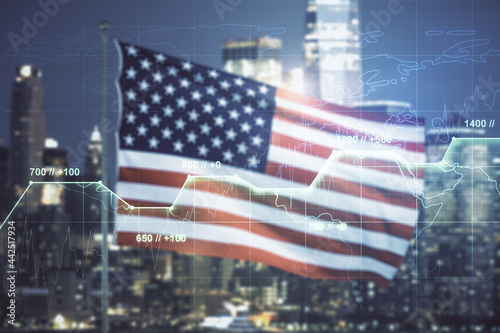 Multi exposure of creative statistics data hologram on USA flag and blurry skyscrapers background, stats and analytics concept