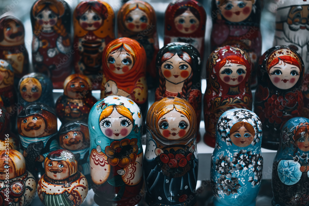 Many Russian painted dolls matryoshka