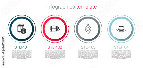 Set Wooden barrel, , Hop and Oktoberfest hat. Business infographic template. Vector