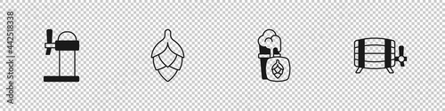 Set Dispenser beer, Hop, Glass of and Wooden barrel icon. Vector
