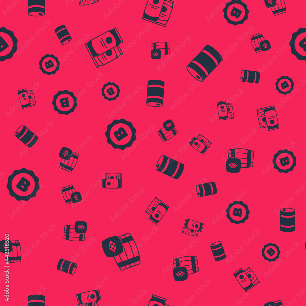 Set Wooden barrel, Beer can, Bottle cap with beer and Metal keg on seamless pattern. Vector Set Wooden barrel, Beer can, Bottle cap with beer and Metal keg on seamless pattern. Vector
