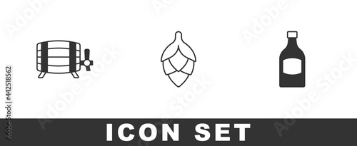 Set Wooden barrel, Hop and Beer bottle icon. Vector