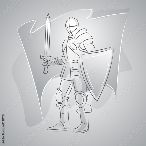 A full-length knight in armor with a sword and shield. Black and white line drawing.