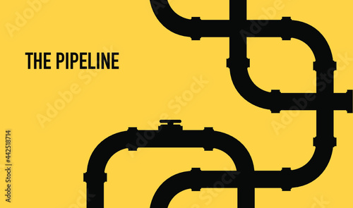 Web banner template. Industrial background with yellow pipeline. Oil, water or gas pipeline with fittings and valves. Vector illustration in a flat style.