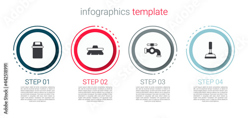 Set Trash can, Brush for cleaning, Water tap and Rubber plunger. Business infographic template. Vector