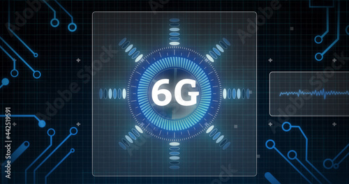 Image of 6g text with scope scanning and data processing on screens over grid