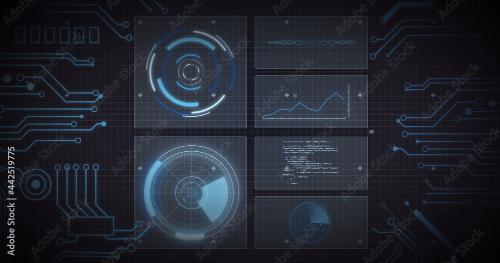 Image of scope scanning, processor elements and data processing on screens over grid