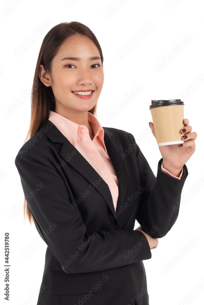 Beautiful businesswoman with coffee cup isolated on white background Beautiful businesswoman with coffee cup isolated on white background