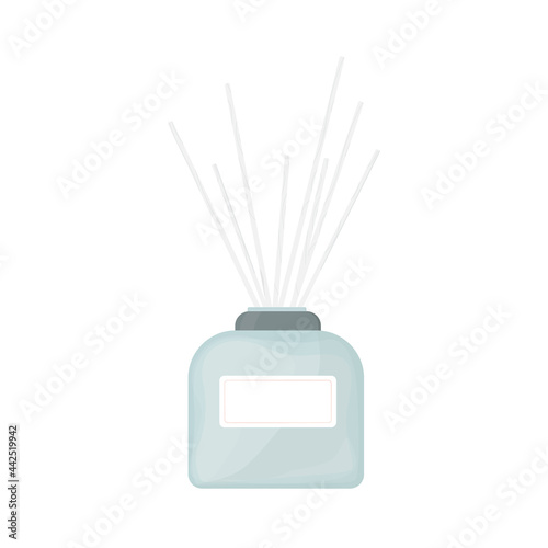 aromadifuser isolated image. minimalistic image in trendy colors of bottle with eau de parfum and bamboo sticks. Intense aromatization. Vector illustration, flat