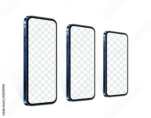 Realistic smartphones in row in perspective view with transparent screen. Blue mobile phone mockup set for presentate your app design or website. Isolated cell device template, vector 3d illustration.