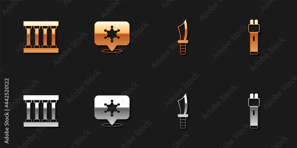 Set Prison window, Hexagram sheriff, Military knife and Police electric shocker icon. Vector Set Prison window, Hexagram sheriff, Military knife and Police electric shocker icon. Vector