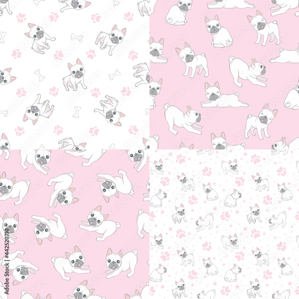 Seamless pattern with cute French bulldog on pink background. Seamless pattern with cute French bulldog on pink background.