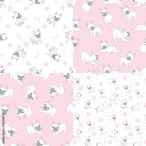 Seamless pattern with cute French bulldog on pink background.
