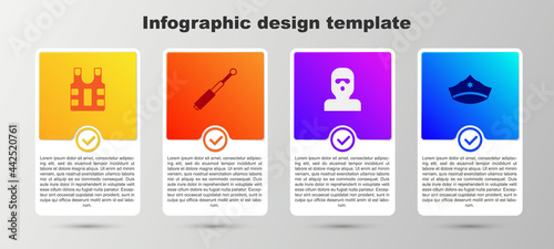 Set Bulletproof vest, Telescopic baton, Thief mask and Police cap with cockade. Business infographic template. Vector