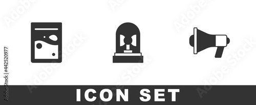 Set Plastic bag of drug, Flasher siren and Megaphone icon. Vector
