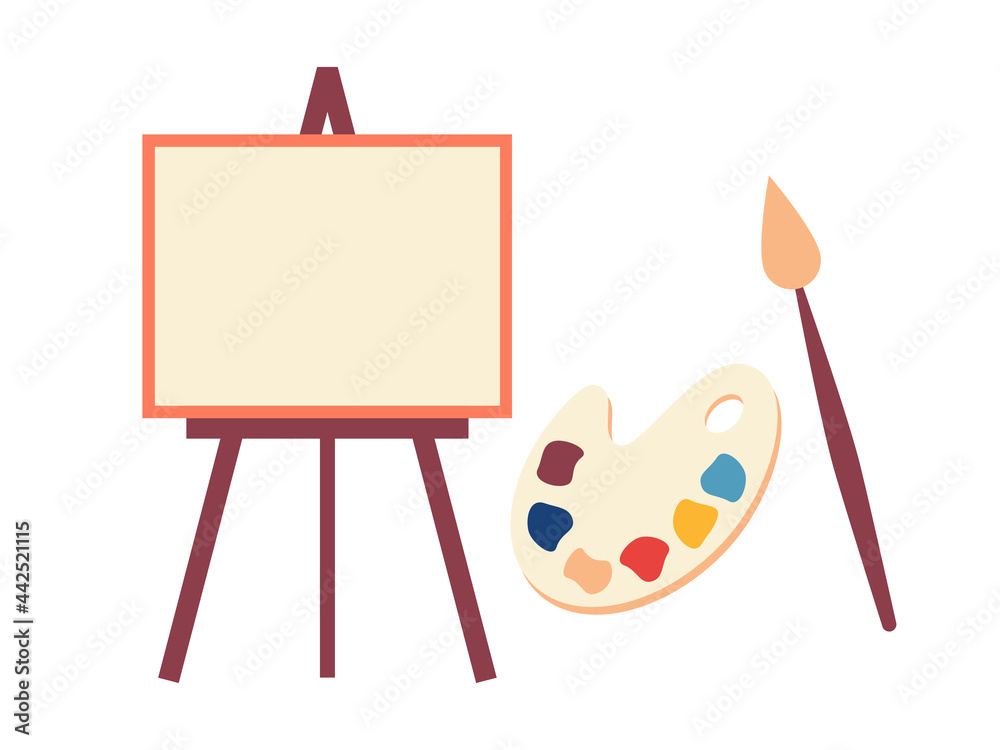 Easel Art Board, Paint pallet And Paint Brush Cartoon Vector Icon  Illustration - Painter - Sticker