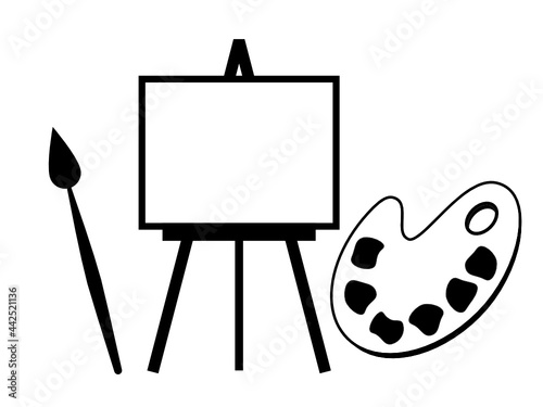  Painter creative supplies, equipment logo, symbols. Easel, painter stand, canvas, brush and painter palette. Black and white icon set. Vector.