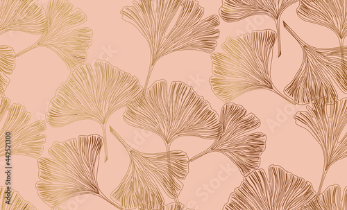 GIngko bloba gold leaves  seamless pattern. Luxury wall art design with gingko leaves, tree, botanical leaves line art and golden texture photo