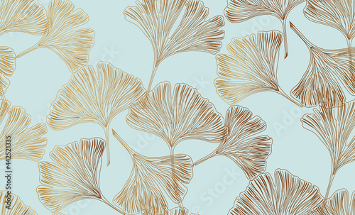 GIngko bloba gold leaves  seamless pattern. Luxury wall art design with gingko leaves, tree, botanical leaves line art and golden texture