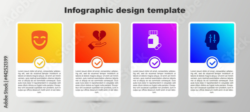 Set Comedy theatrical mask, Broken heart or divorce, Sedative pills and Solution to problem. Business infographic template. Vector