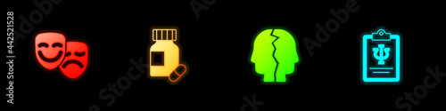 Set Comedy and tragedy masks, Sedative pills, Bipolar disorder and Psychology, Psi icon. Vector