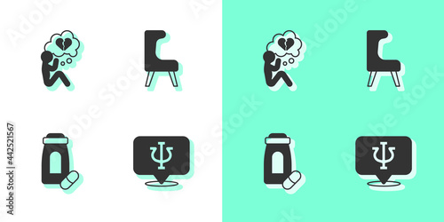 Set Psychology, Psi, Broken heart or divorce, Sedative pills and Armchair icon. Vector