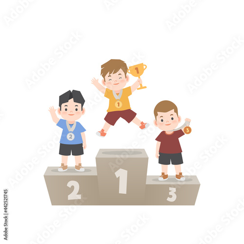 Winner boys be happy with trophy and medal standing on the winner podium on white background  illustration vector. Kids concept