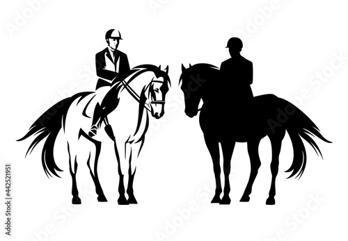 professional jockey riding standing horse - equestrian sport black and white vector outline and silhouette set