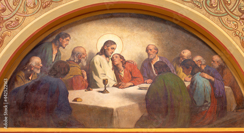 VIENNA, AUSTIRA - JUNI 18, 2021: The detail of fresco of Last supper garden i...