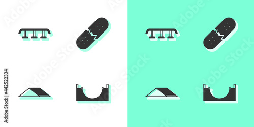 Set Skate park, Skateboard stairs with rail, and Broken skateboard deck icon. Vector