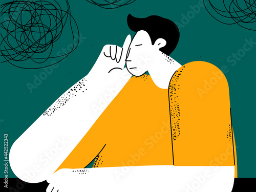 Depression, anxiety problems, stress, dementia concept flat vector illustration. Sad, unhappy and tired man thinking, feeling stressed and frustrated