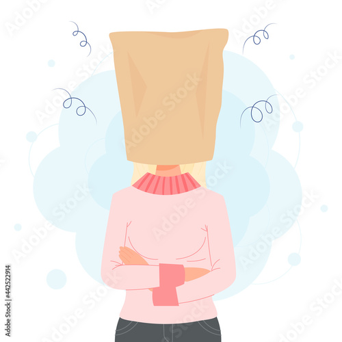 Woman in paper bag over her head needs time to think or tame anger. concept illustration 